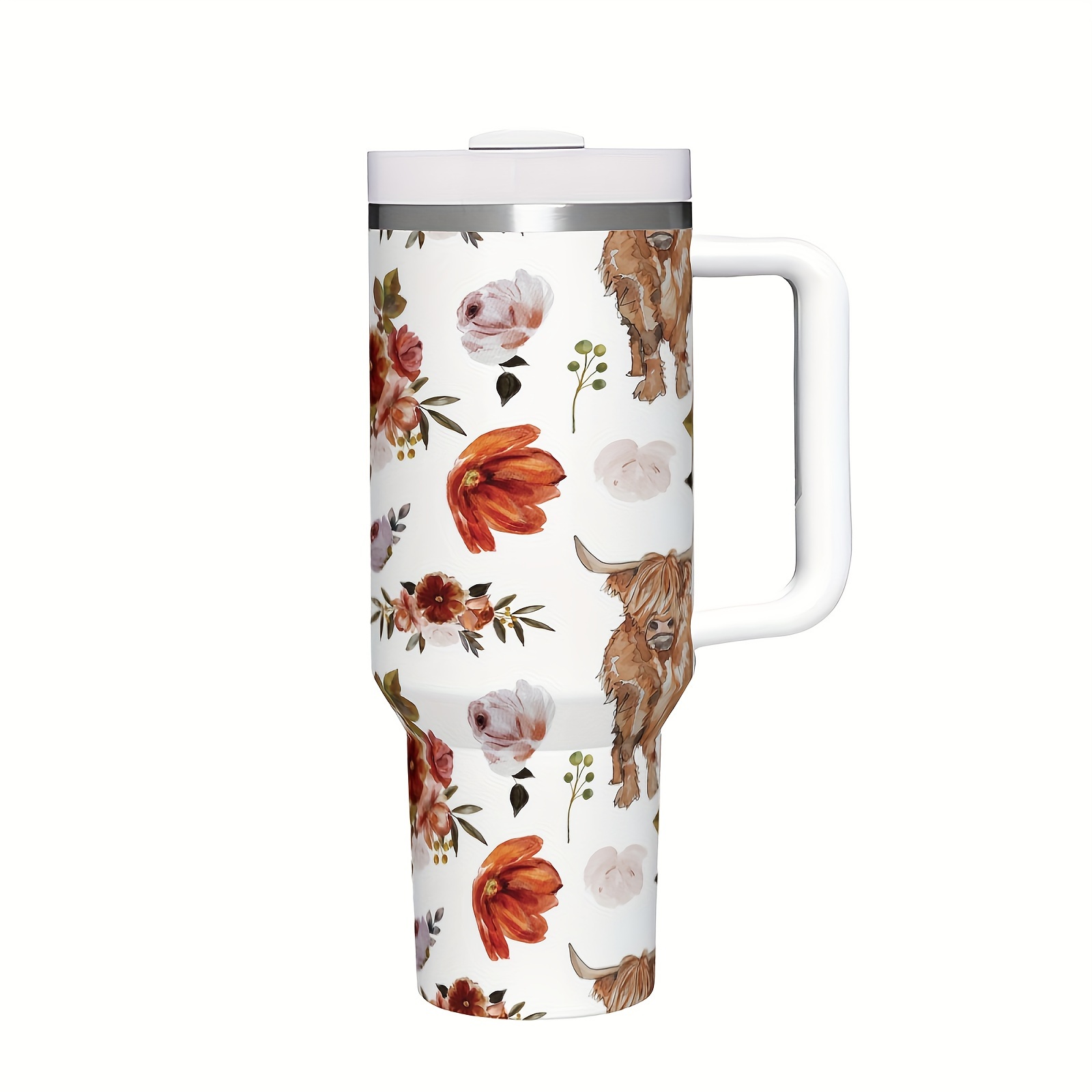 

Highland Cow Floral 40oz Stainless Steel Tumbler With Handle, Insulated Coffee Mug With Lid, Straw-compatible, Non-slip Grip - Ideal Birthday Gift For Friends, Hand Wash Only