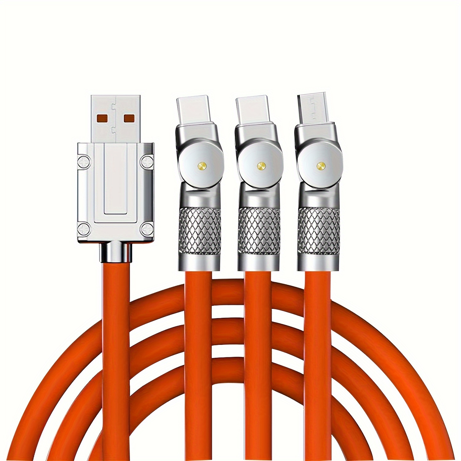 

120w 3-in- Fast Charging Cable With 180° Adjustable Zinc Alloy Connector, Orange Silicone Design, Compatible With Type-c/micro Usb Devices