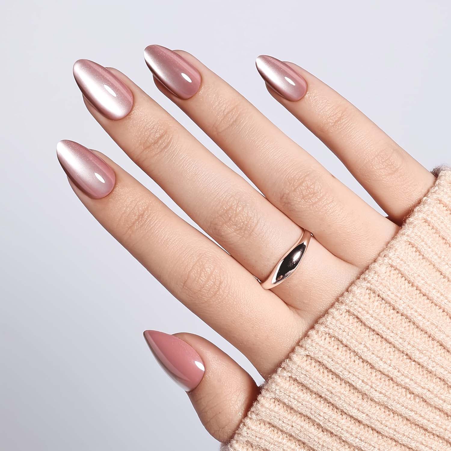 TEMU 31pcs Set: Includes 30 Wearable Nail Tips + 1 Nail File. Pink Cat- Almond-shaped Press-on Nails, Light Luxury High-end Style, Beach Essential,