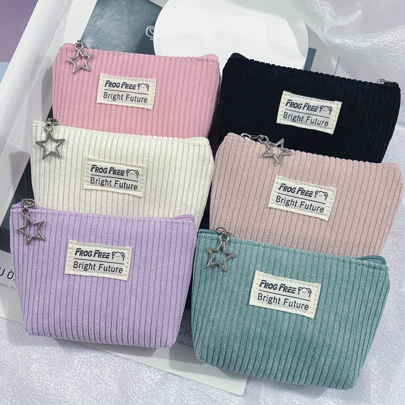 6pcs Minimalist Corduroy Label Women's Multipurpose Coin Purse