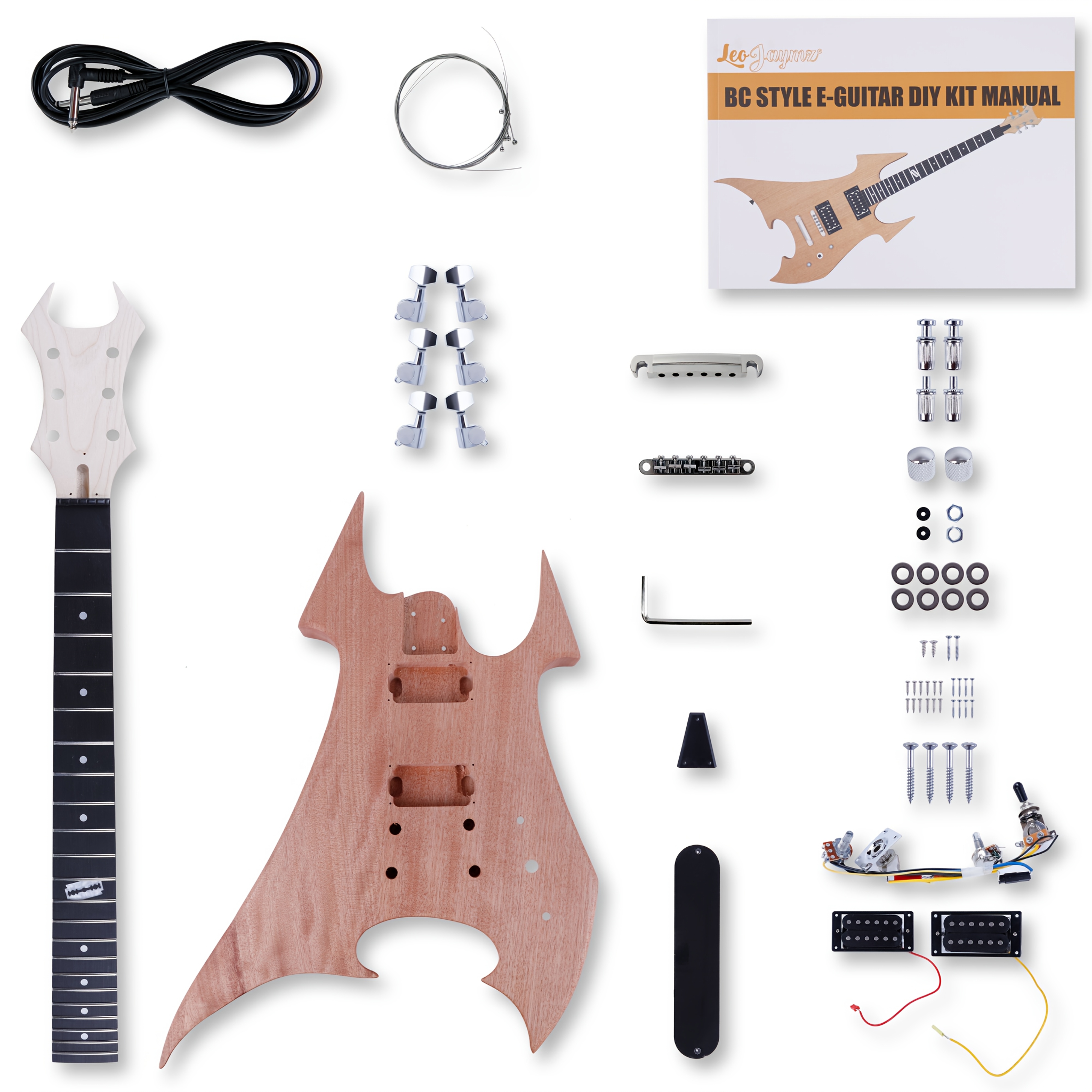 Leo Jaymz DIY Electric Guitar Kit - Mahogany Body, Ebony Fretboard, 1pc S-H Pickup Configuration - Fixed Bridge, Fully Enclosed Tuning Pegs, 21 Frets, Maple Neck, Room Electrical Wiring