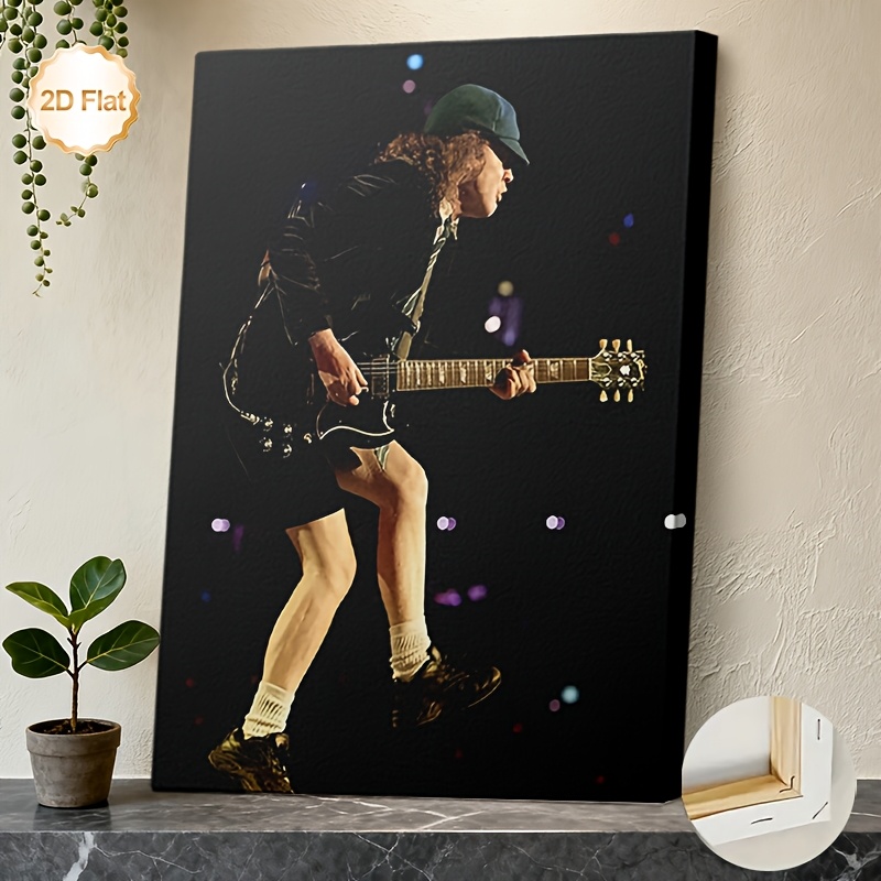 TEMU 2d Flat, 2d Flat Framed Canvas Artwork Featuring A 2d Flat Design Of A Rock Guitarist Performing Live At A Music Concert, Perfect For Decorating