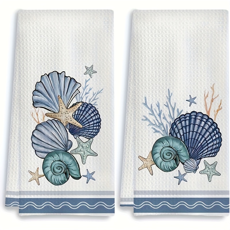 TEMU 2pcs Set, Ocean Shell Starfish Design Kitchen Towels, Tea Towels, Kitchen And Bathroom Decor 16 X 24 Inches, Cleaning Cloths, Machine Washable,