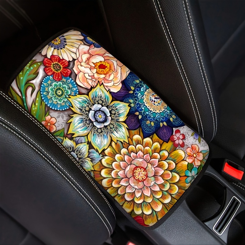

Boho Flowers Console Armrest Universal Car Interior Accessories Non Slip Arm Rest Protector Pads Car Armrest Storage Box Mat For Vehicle, Suv, Truck