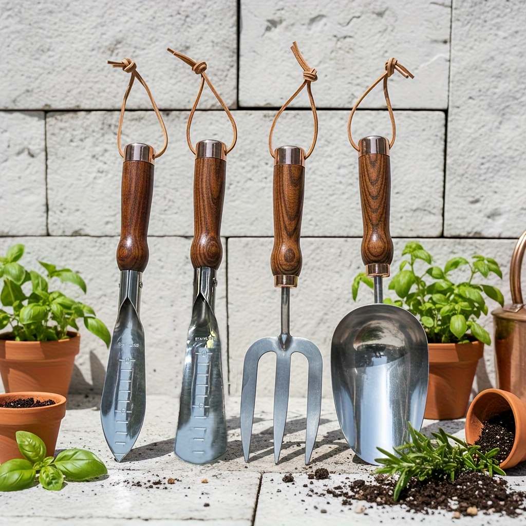 4pcs Heavy-Duty Stainless Steel Garden Tool Set - Ergonomic Ash Wood Handle, for Digging/Trenching/Planting/Transplanting + Measuring, Ideal for Rural Gardeners and Farmers
