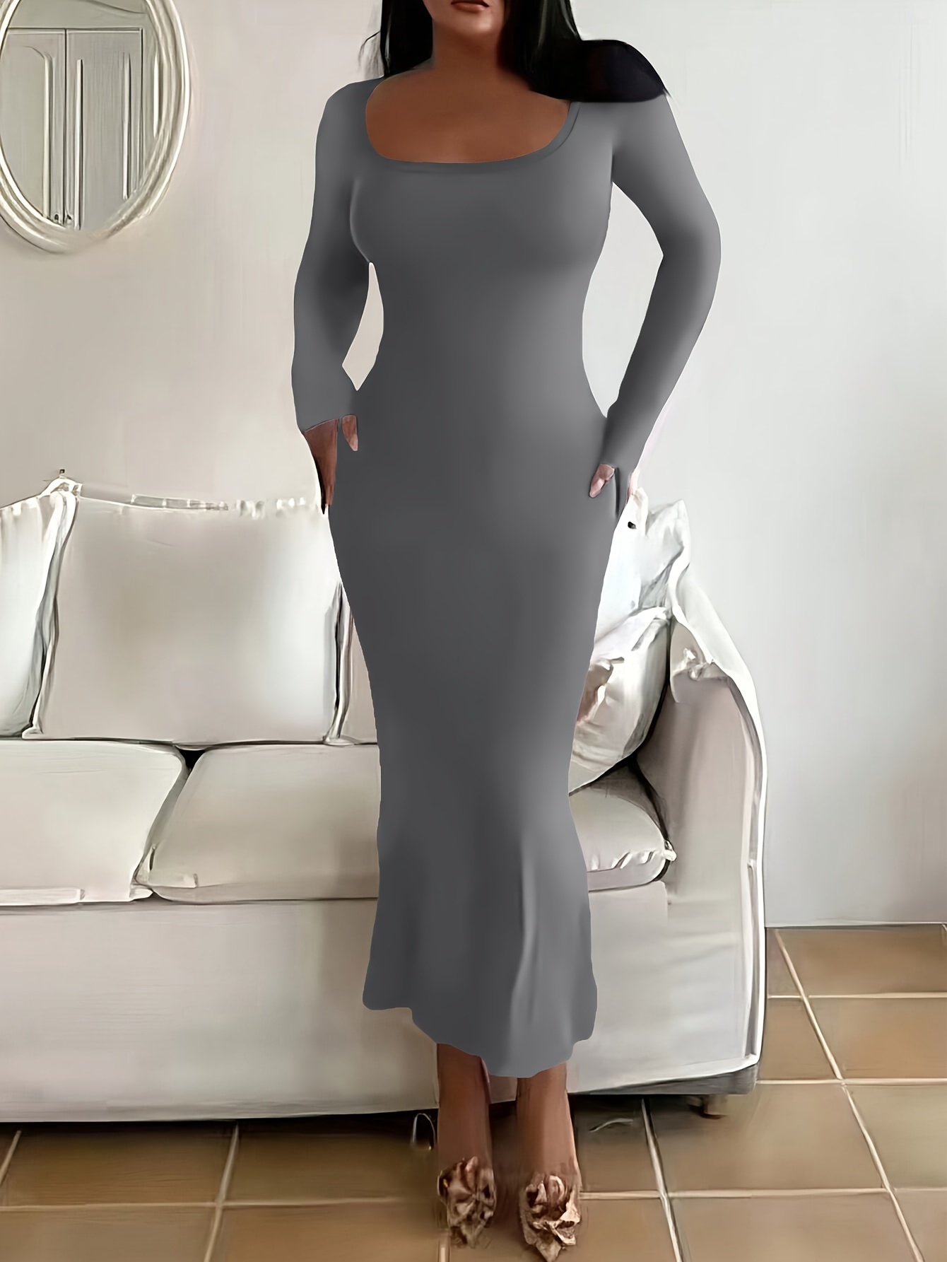 womens long square neck dress fit ultra long elegant - Temu Oman