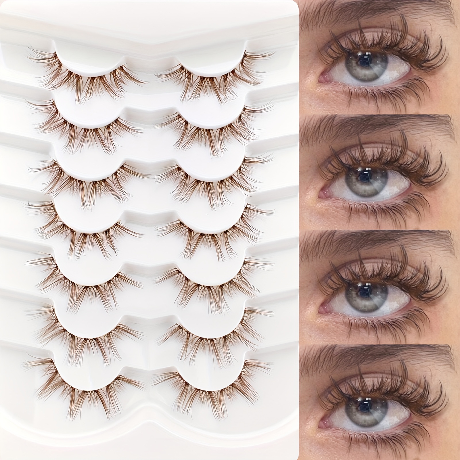 Image of 7 Pairs Brown, Clear Band, Anime False Eyelashes, Brown False Eyelashes, Cross, Natural, , Fluffy, Cosplay, Comfortable All-match, Mink Brown Lashes
