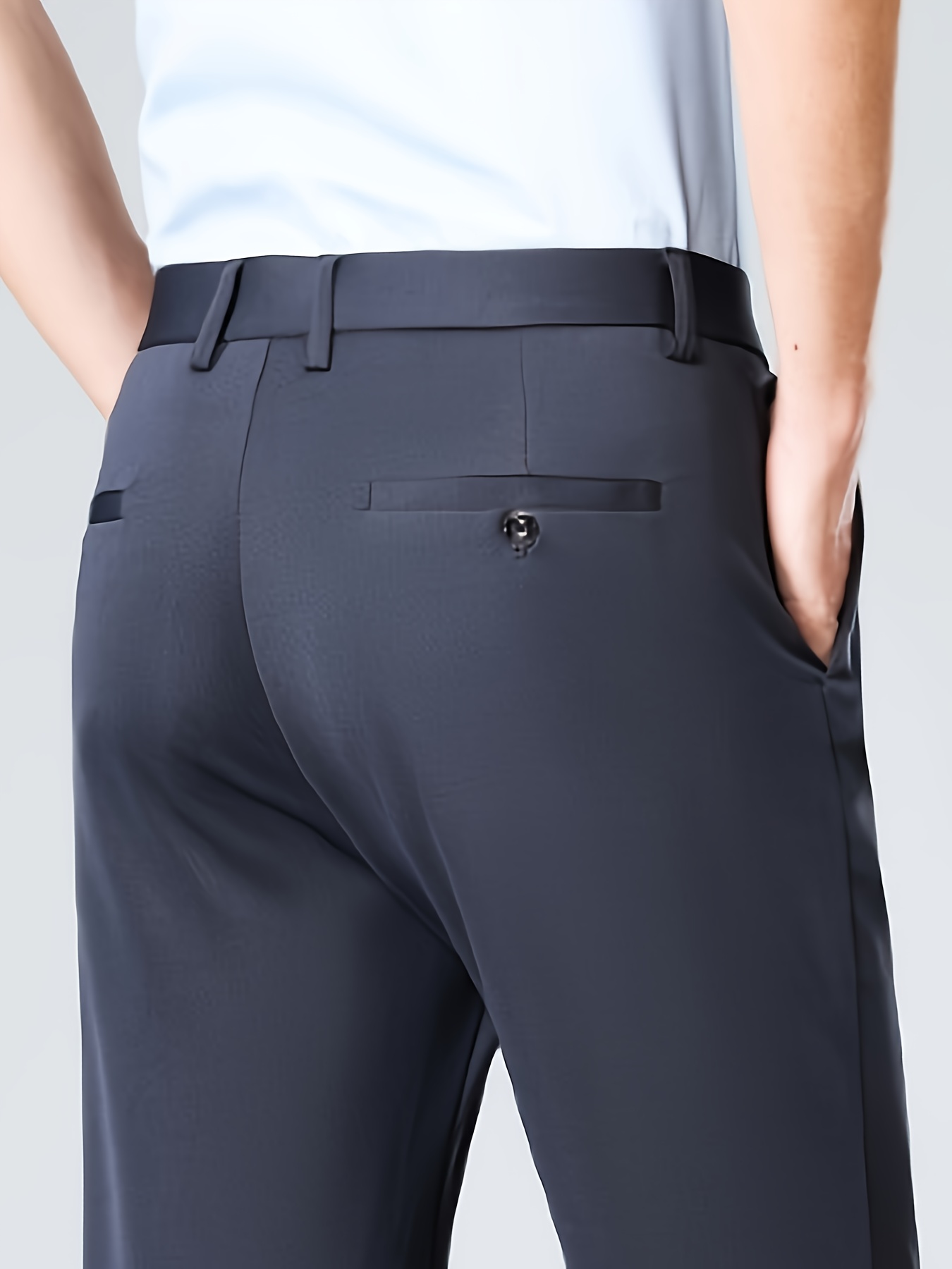 Men'S Relaxed Fit, Navy Blue Dress Pants - Stretchy Spandex Blend, Button-Fly, Mid-Rise, All-Season Workwear, Office Attire|Relaxed Fit Pants|Stylish Waistband