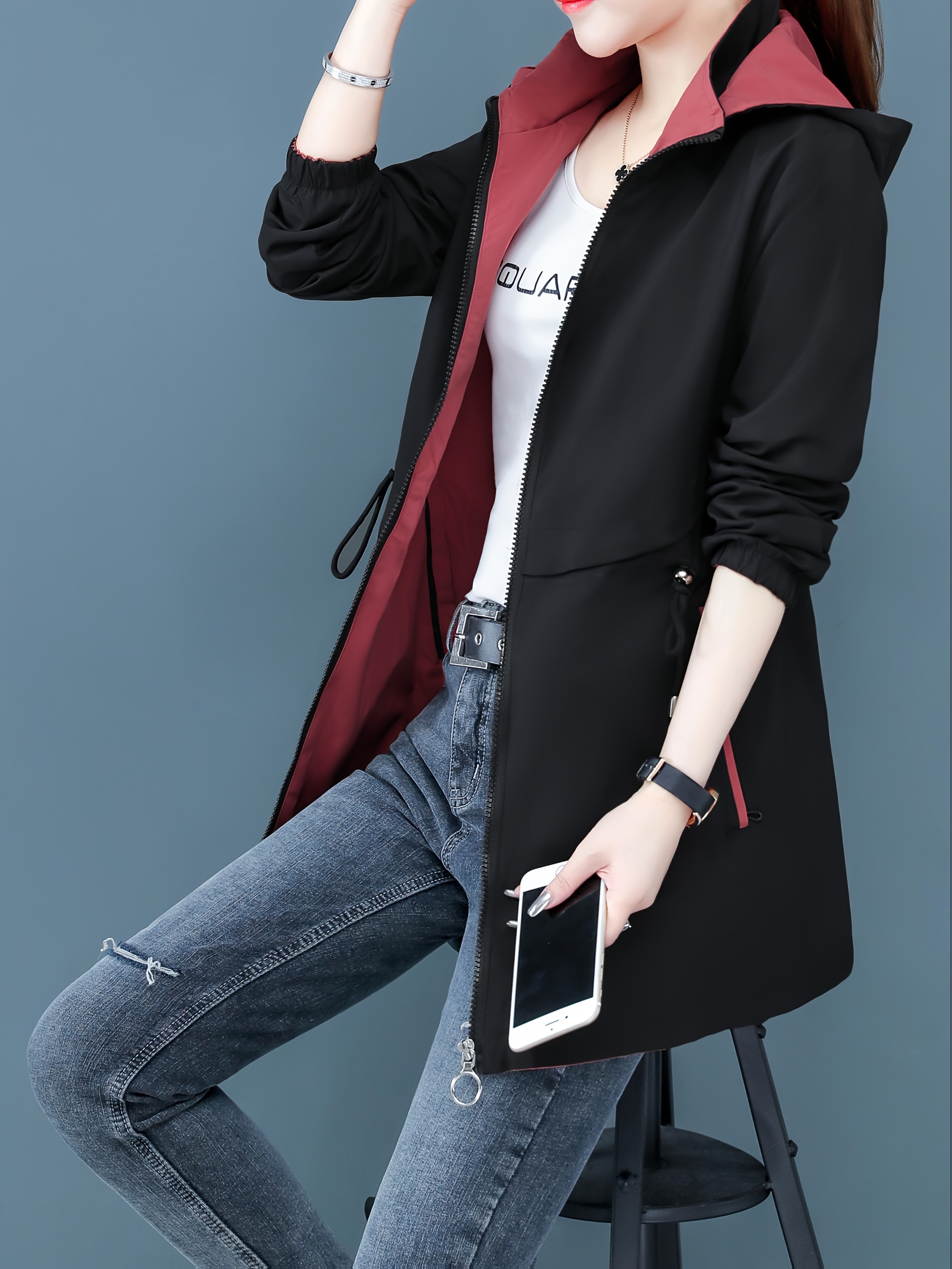 Abrigo Tipo Trench con Capucha Reversible para Mujer - Chaqueta Ajustada y Casual con Bolsillos Cremallados, Uso Doble Cara, Beige y Granate, Poliéster Ligero para Primavera/Otoño - Imagen 8