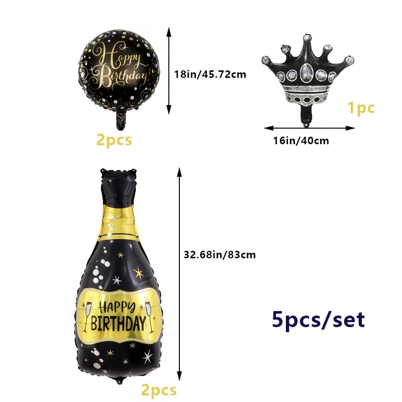Image of 5pcs Bottle Balloon Set In Black And Golden, Featuring Birthday Greetings And A Crown, Perfect For Birthday Celebrations, Wedding Anniversaries, And Coming-of-age Events, For Halloween, Christmas