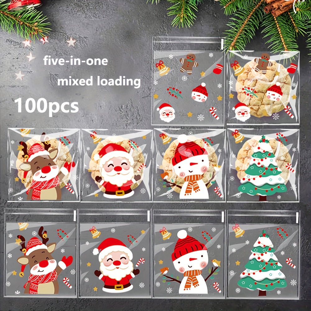 

100 Pieces Of Festive Christmas Oppp Candy Bags With Adorable Cartoon Designs - Perfect For Cookies, Biscuits, And Other - Clear Plastic, Self-adhesive, No Components Included