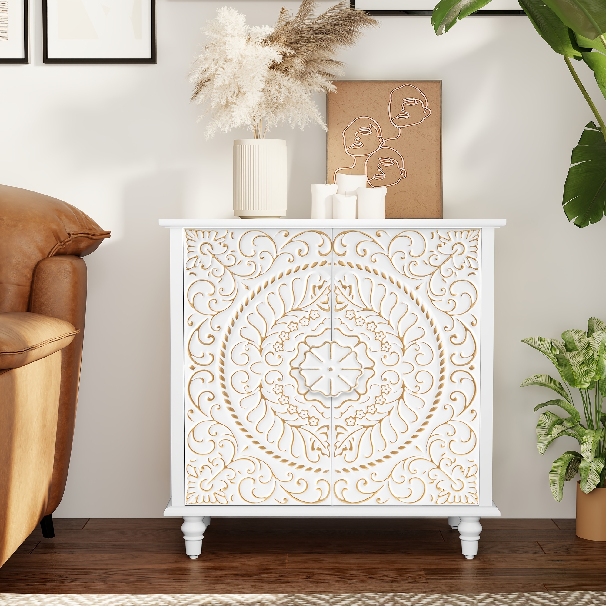 Image of Vintage Accent Cabinet With 2 Doors, Decorative Storage Cabinet With Carved Flower Pattern, Sideboard Buffet With Storage, Credenza With Solid Wood Legs For Entryway, Living Room, Kitchen, Dining Room