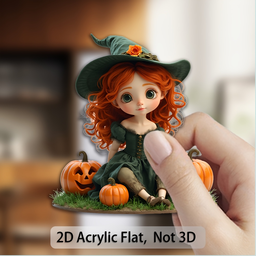 TEMU 1pc Witch Magnet (with Carved Pumpkin) - Acrylic Soft Rubber Doll, Suitable Decor, Fridge Magnets, Themed Parties, Red Hair And Mysterious Green