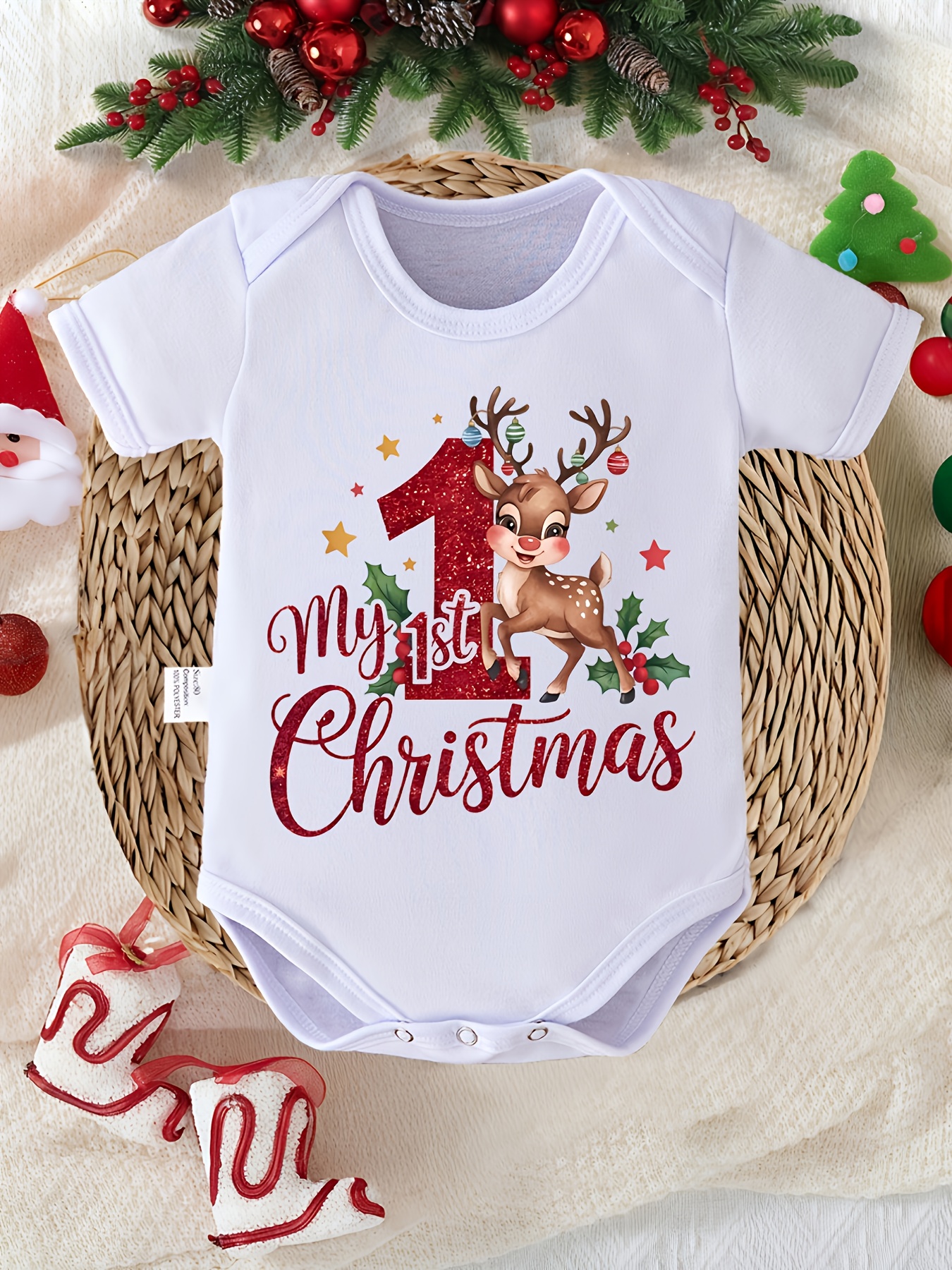 Baby Boy's 1st Christmas Outfit Soft White Red Reindeer Print Bodysuit  with Snap Closure, Round Neck Short Sleeve Romper Newborn Photo Shoot Clo