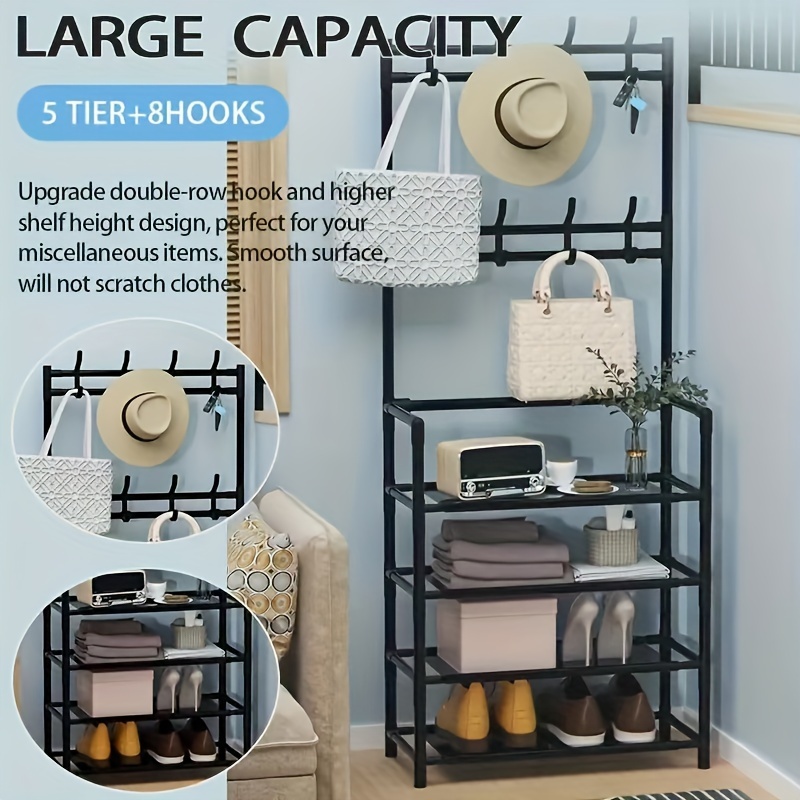   elegant black metal entryway organizer 60 xmj coat rack with hooks shoe shelves   alloy   finish for clothes hats bags umbrellas easy to assemble home storage solution details 4