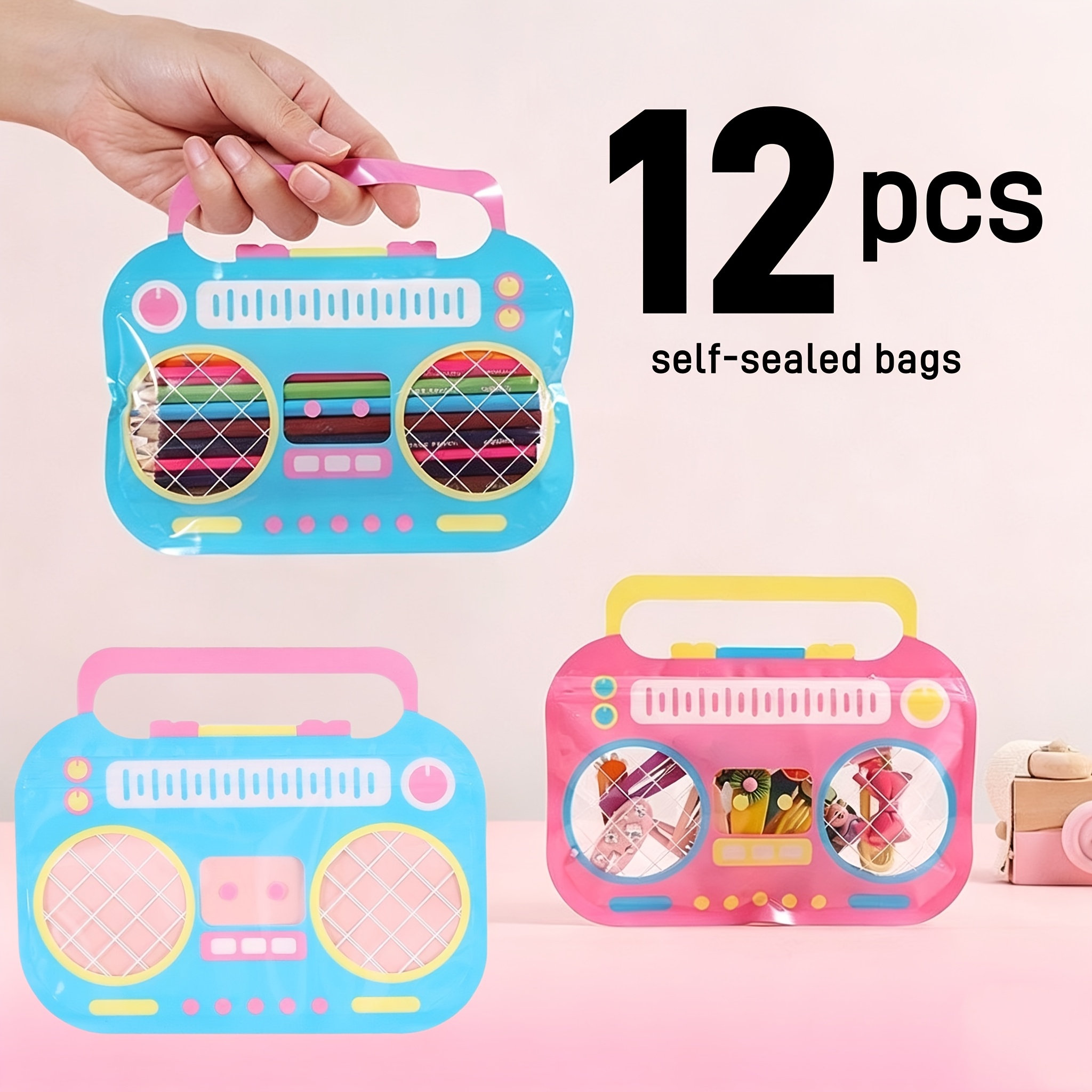 TEMU 12pcs Radio-shaped Resealable Gift Bags Suitable For Retail Stores, Hand-carry Shopping Bags With Retro Radio, Pink & Sky Blue For Parties,