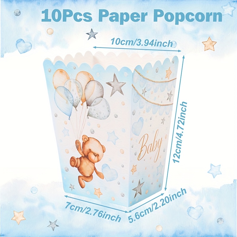 E-shop Geschenk für Sie/Ihn 10 Stück, Papier Popcorn Box mit Bärenmuster, Geschenkboxen mit blauem Bärenballon-Design, Happy Birthday Party Dekoration,