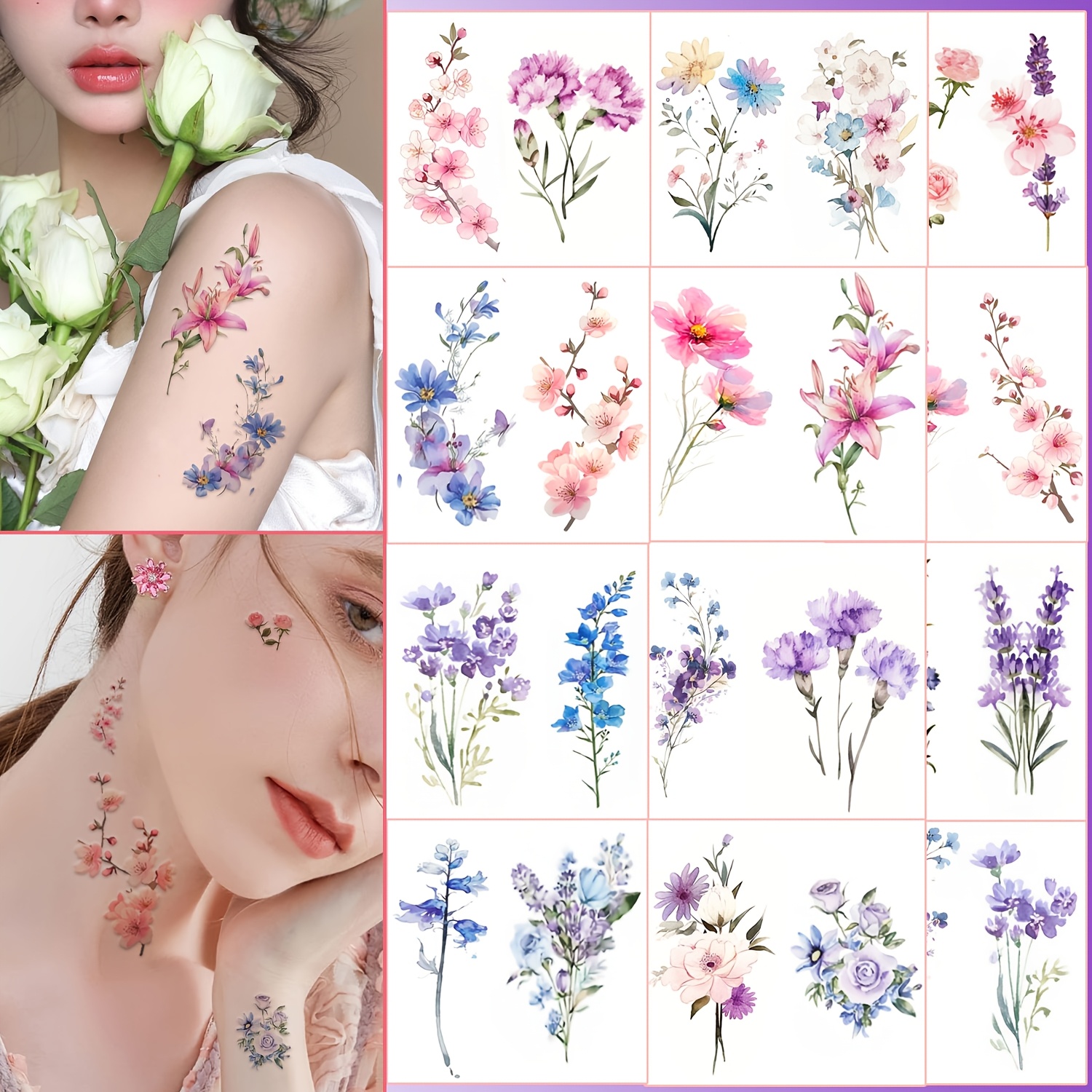 Image of 25 Designs Flower Temporary Tattoos Lavender Peony Lily Designs Fake Tattoo Stickers For Women Men Watercolor Tattoos Perfect For Body Art Party Favors Gifts