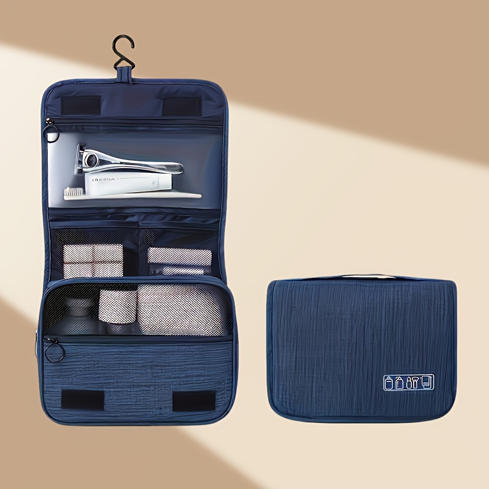TEMU Multifunctional Toiletry Bag With Hook - Durable Oxford Fabric, Foldable Design For Travel, Zipper Closure