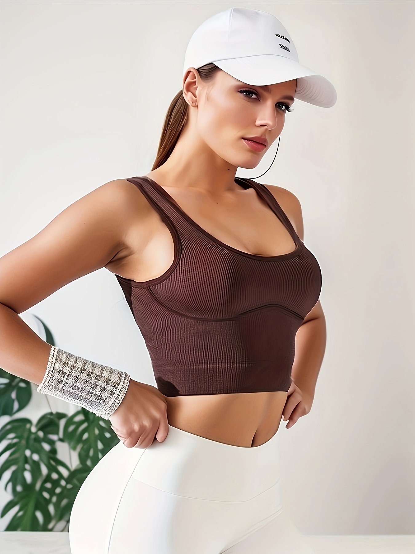 Solid Color Ribbed Sports Bras, Solid Color Rib-Knit V-neck Cross Straps  Beauty Back Fitness Bra, Women's Activewear