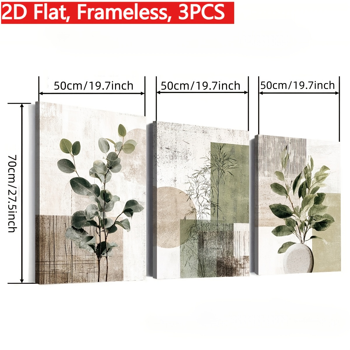 TEMU 2d Flat, 2d Flat, Frameless, 3pcs, Modern Abstract Plant Branch Decorative Painting, Stylish And Easy Abstract Pattern Canvas Painting, Retro