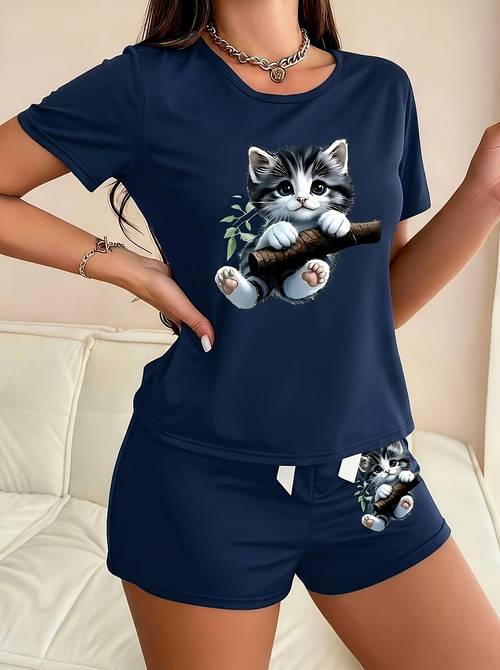 soft womens casual pajamas cat print short sleeve short shorts 2pcs set