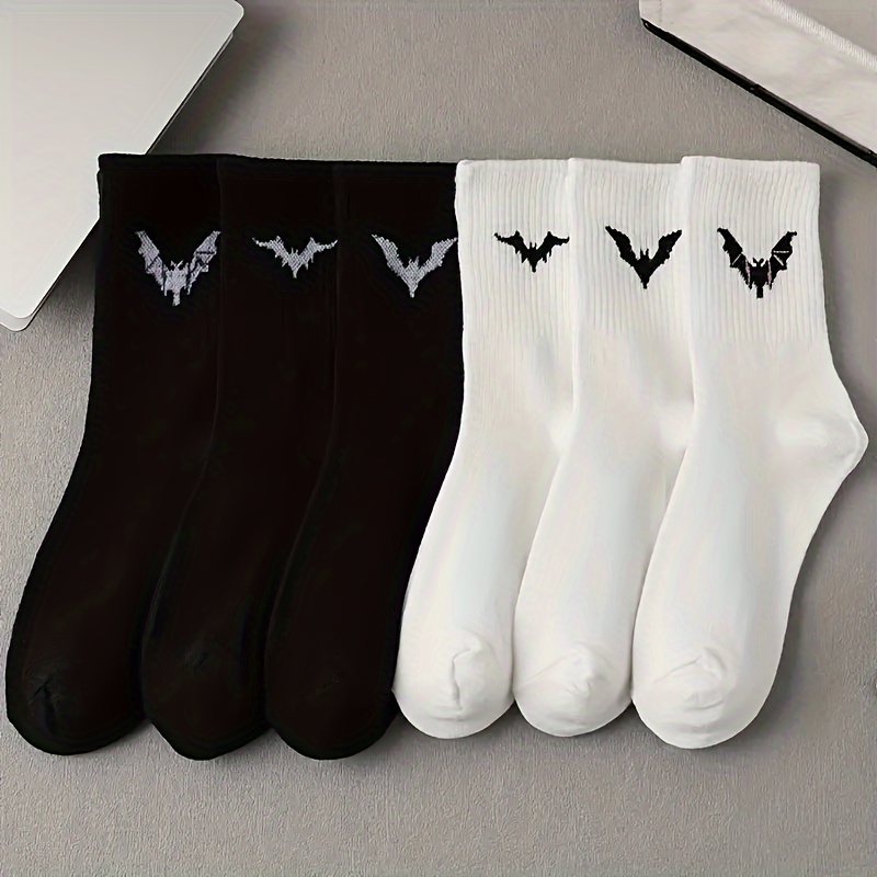 

6 Pairs Bat Print Socks, Comfy & Breathable Mid Tube Socks, Women's Stockings & Hosiery