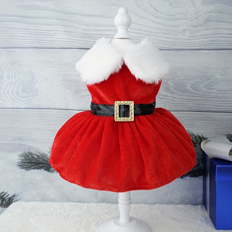 TEMU 1pc Pet Christmas Outfit, Fluffy Warm Dog Dress Santa Style