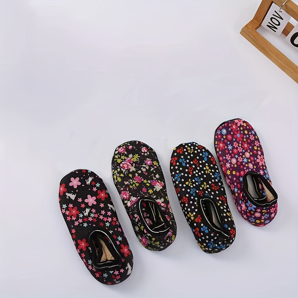 

Non-slip Floral Print Slippers, Warm Plush Lined Floor Socks For Fall & Winter, Women's Stockings & Hosiery