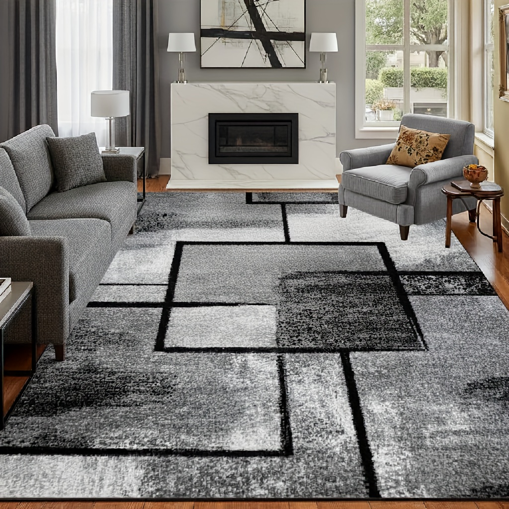 Image of 1pc Luxury Velvet Carpet | Minimalist Geometric Vintage Style, Non-slip Backing, Machine Washable, 100% Polyester Fiber, Ideal For High-traffic Areas Room, Bedroom, Kitchen, Plush Velvet Printed Rug
