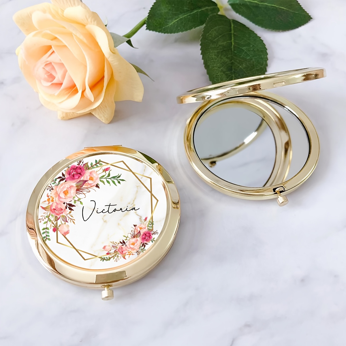 TEMU 1pc de Maquillage Personnalisé avec Design Floral et Boîte Cadeau , Idéal pour Filles, Mini Portable de Haute Qualité en Métal Rose, Fonction