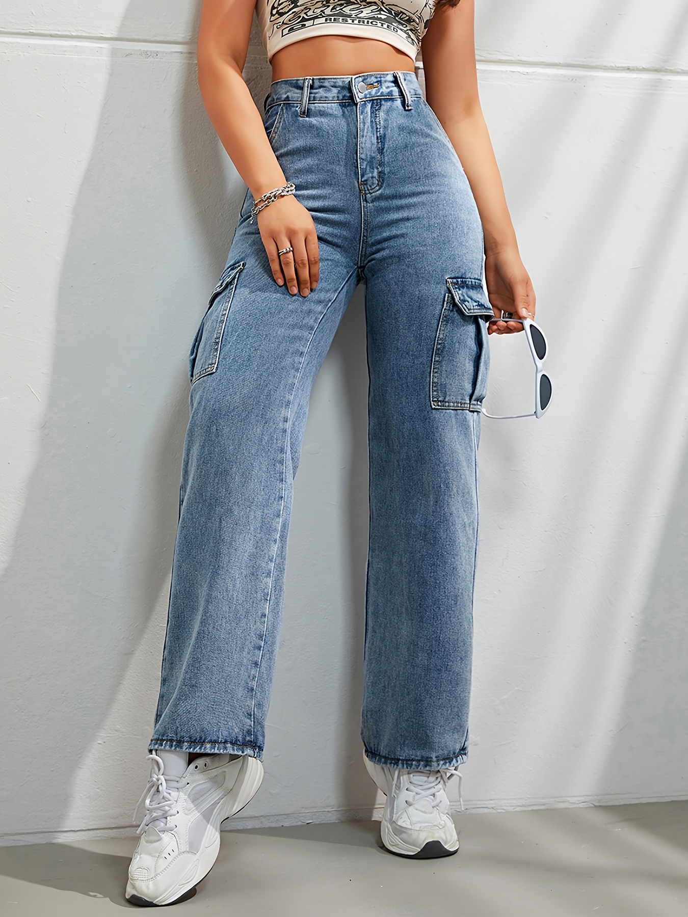 's Heavy-Duty Classic Workwear Cargo Jeans Pants Wide-Leg Relaxed Fit  with Multiple Utility Pockets, Belt Loops Washed Streetwear (No