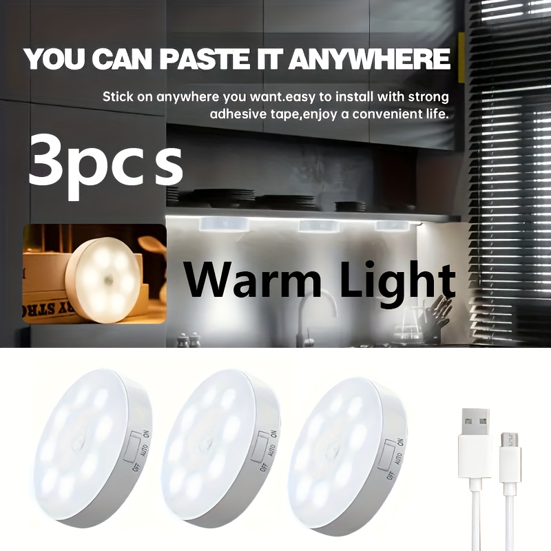 E-shop 3er-Set LED Nachtlicht mit Magnetinduktion, Warmlicht/Weißlicht, USB-wiederaufladbar, weiches blendfreies Licht mit Bewegungssensor, modernes