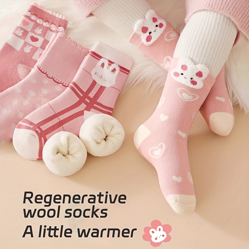 

5pcs Cozy Fleece-lined ' Socks - Cute Pink , & Warm For Fall/winter, Mid-calf Floor Socks, Cute Socks