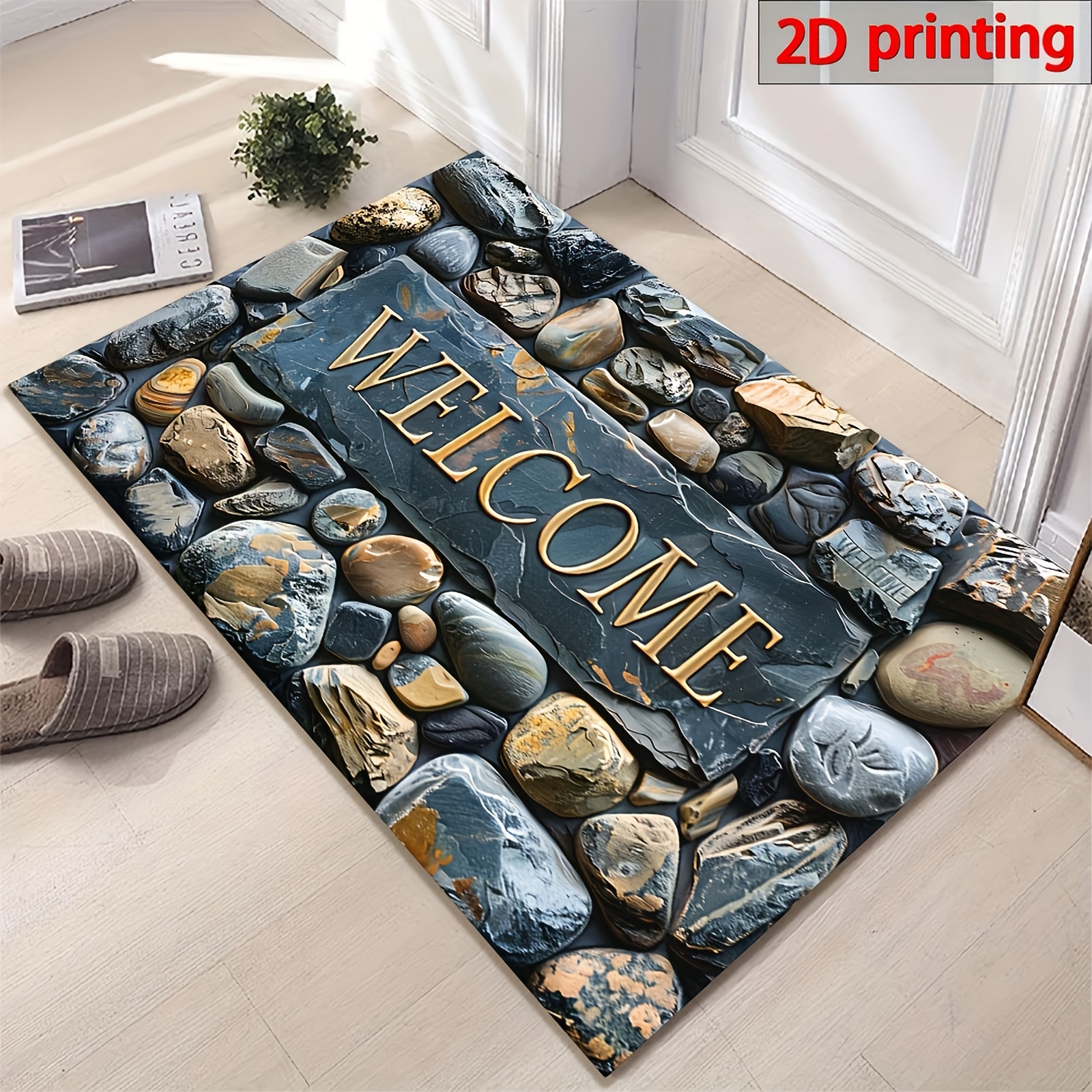 TEMU 2d 1pc Elegant Welcome Pebble Design Doormat - 6mm Thick Polyester Rectangular Carpet, Stone Pattern - Non-slip, Machine Washable Mat For