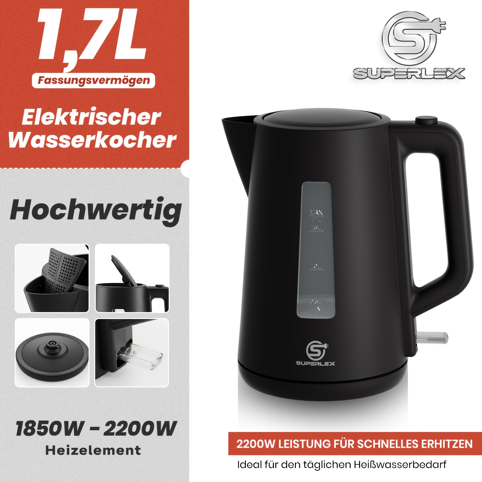 Superlex 2200w Electric Kettle With 1.7l Large Capacity, Fast Boiling, Adjustable Temperature, Auto Shut-off Function, Heat Resistant Material, Stylish For Home And Office Use