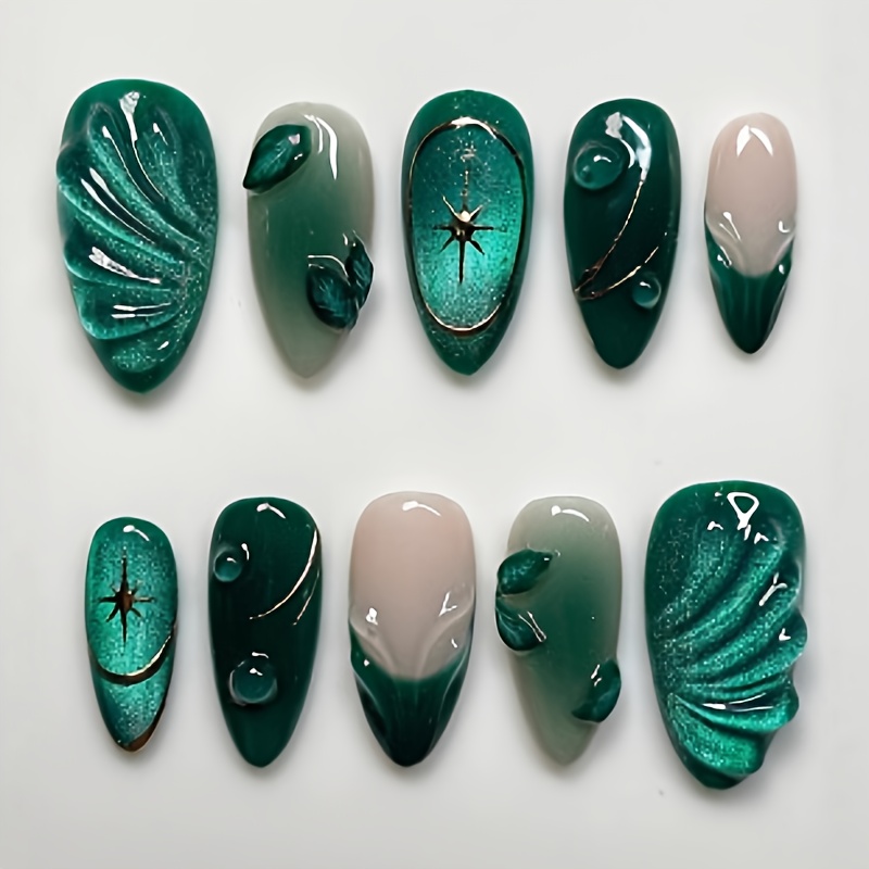 TEMU 24 uñas postizas de múltiples estilos para pegar: de ondulación verde /luz de estrella + rosa nude, con una fresca y prémium, el beige y se a