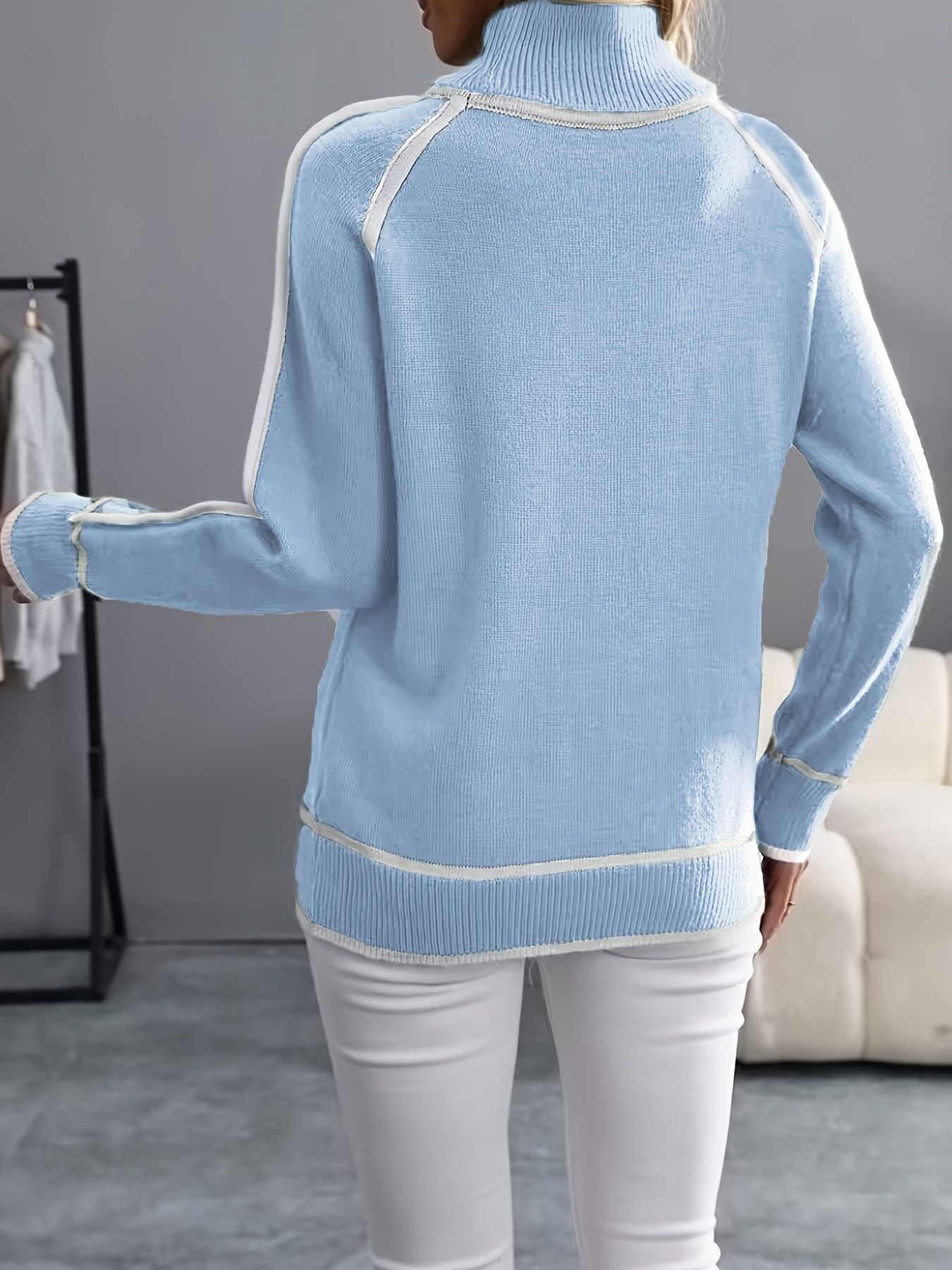 womens casual high neck color block pullover sweater acrylic knit fabric with contrast binding for fall   sky blue 2