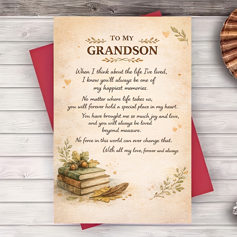 TEMU 1 Greeting Card + 1 Envelope Grandson Greeting Card From Grandparent Vintage Style Message For Birthday Graduation Congratulations Flat Card