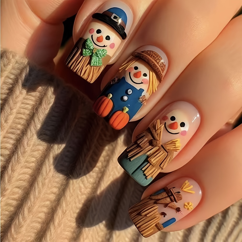 TEMU Décoration d'ongles de Halloween motif homme-singe avec citrouilles et , motif rectangulaire moyen