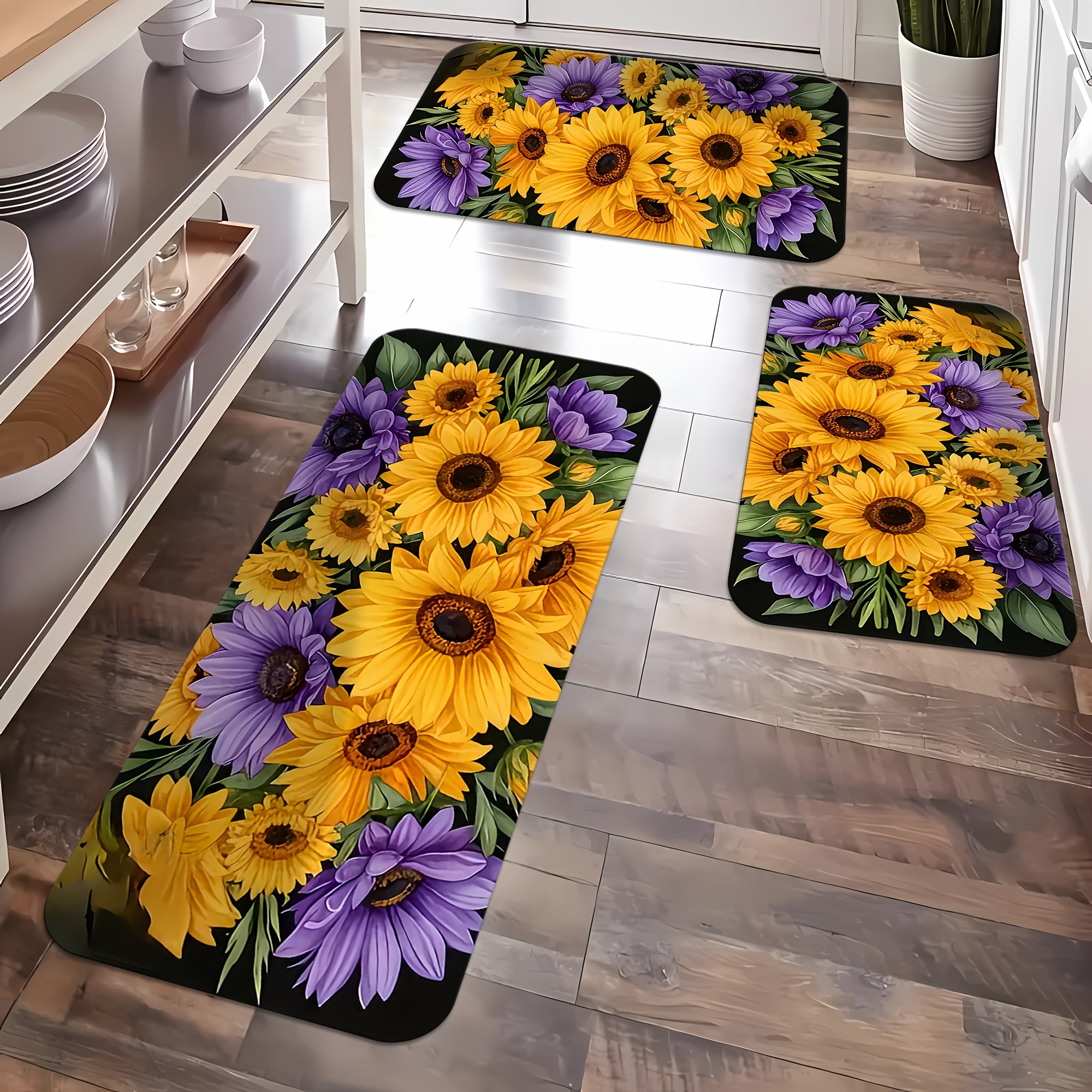 

Vintage Purple Flowers And Sunflowers Kitchen Mat: Waterproof, Soft, And Absorbent Memory Foam Rug For Kitchen, Bathroom, Or Laundry Room - Machine Washable