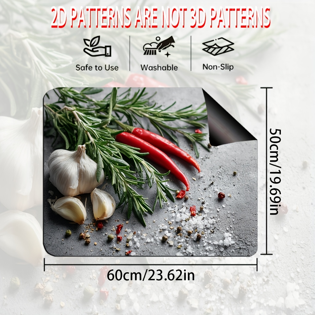 TEMU . 2D Flachdruck Herdabdeckung | Lebendiges Chili-Pfeffer- & Kräuterdesign, Strapazierfähiges Polyester für Ofen, Waschmaschine, Mauspad &