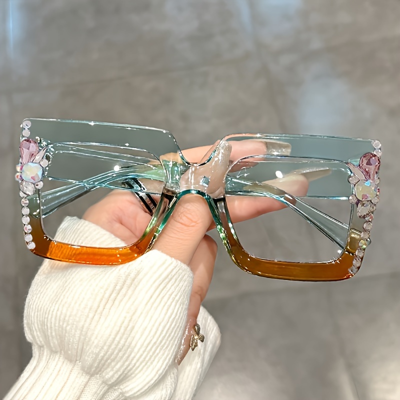 ◆ブルークリアフレーム ラインストーン装飾 内側デザインメガネモザイク柄テンプル 特大 フレームメガネ 透明レンズメガネ y2k ラインストーン装飾ゼリー