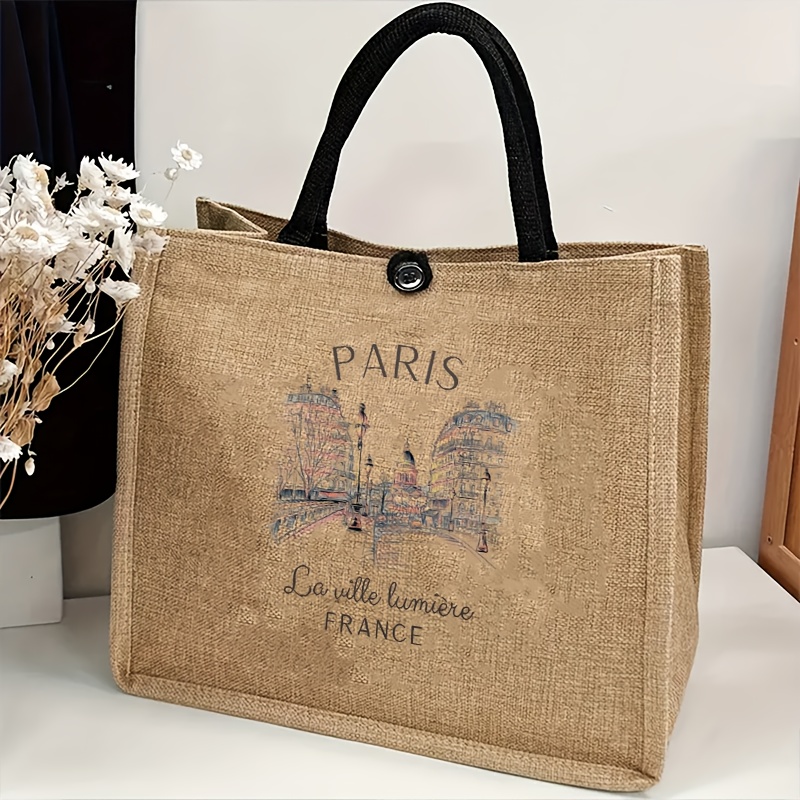 

1pc Paris Tote Bag For Women, Khaki Fabric Handbag With Fixed Shoulder Straps, Polyester Lined, Snap Closure, Casual Travel And Shopping Bag, Ideal Gift For