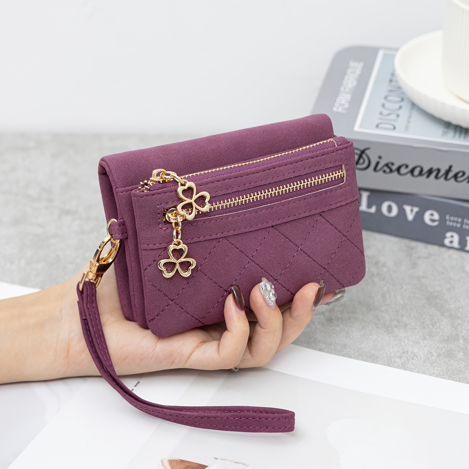 TEMU Portefeuille Femme Minimaliste Vintage à Losanges, Portefeuille Court Portable à Fermeture à Pression avec Double Poche à Monnaie à Fermeture