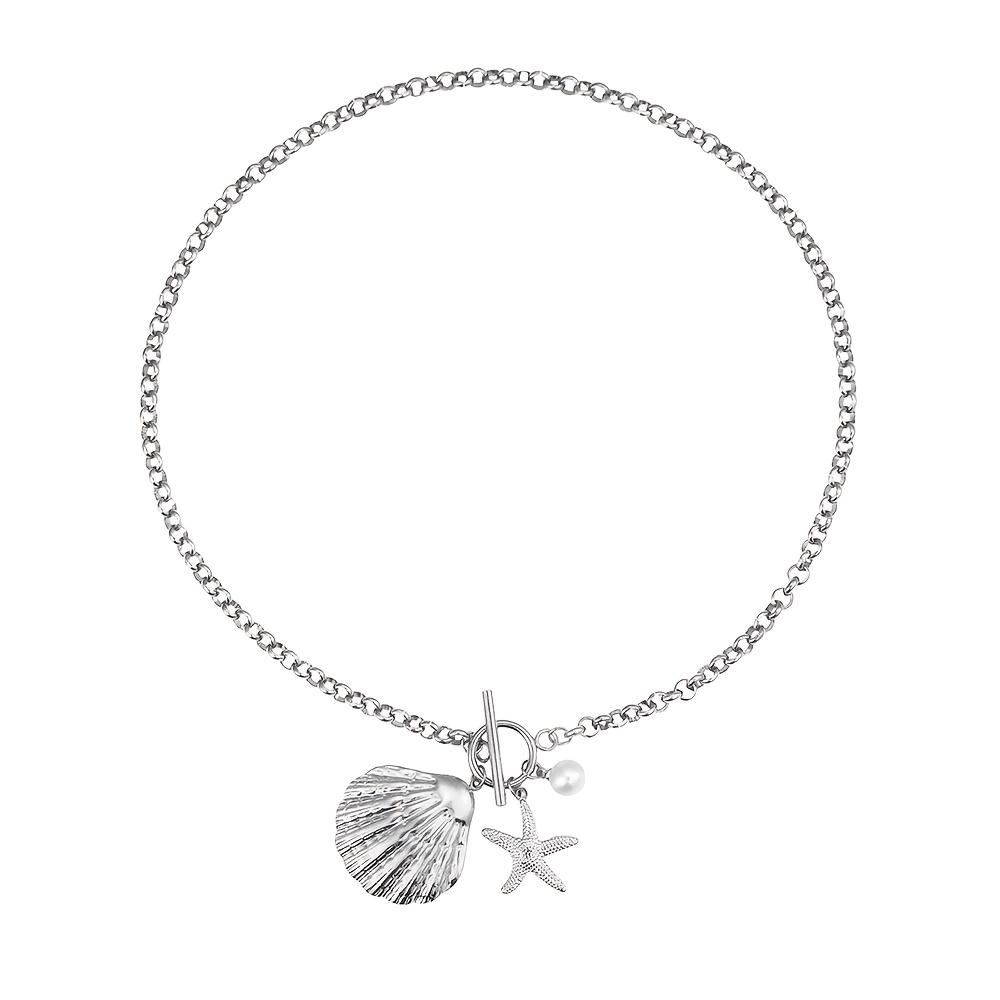 TEMU 1 collar con colgante de concha con oceánico y hebilla OT de diseño de acero inoxidable para mujer, cadena de clavícula de estilo de resort de
