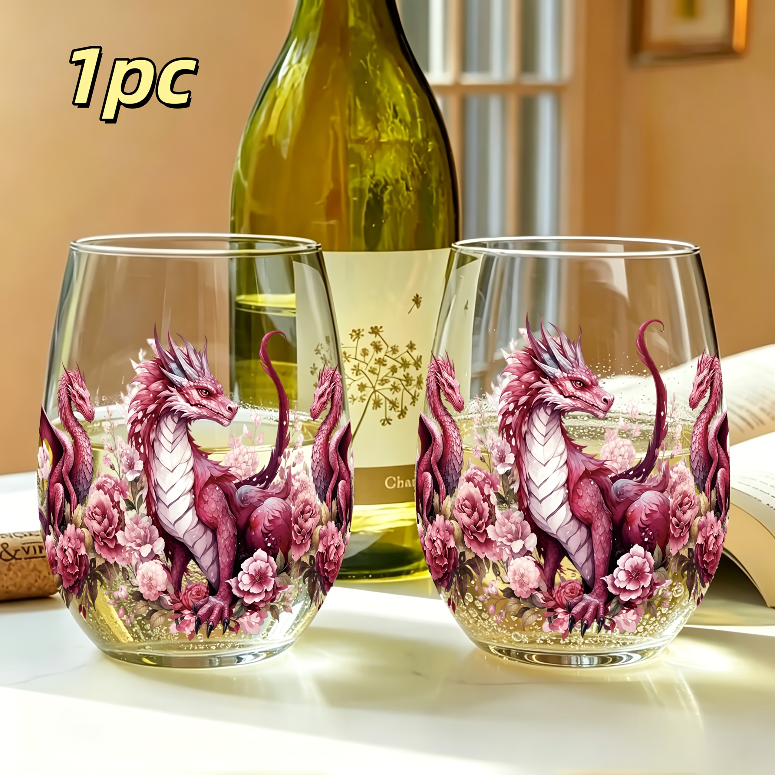 TEMU 1pc Red Dragon Pattern Printed 350ml Egg-shaped Glass, Drinking Cup, Stemless Wine Glass, Champagne And Whiskey Glass, Scratch-resistant,