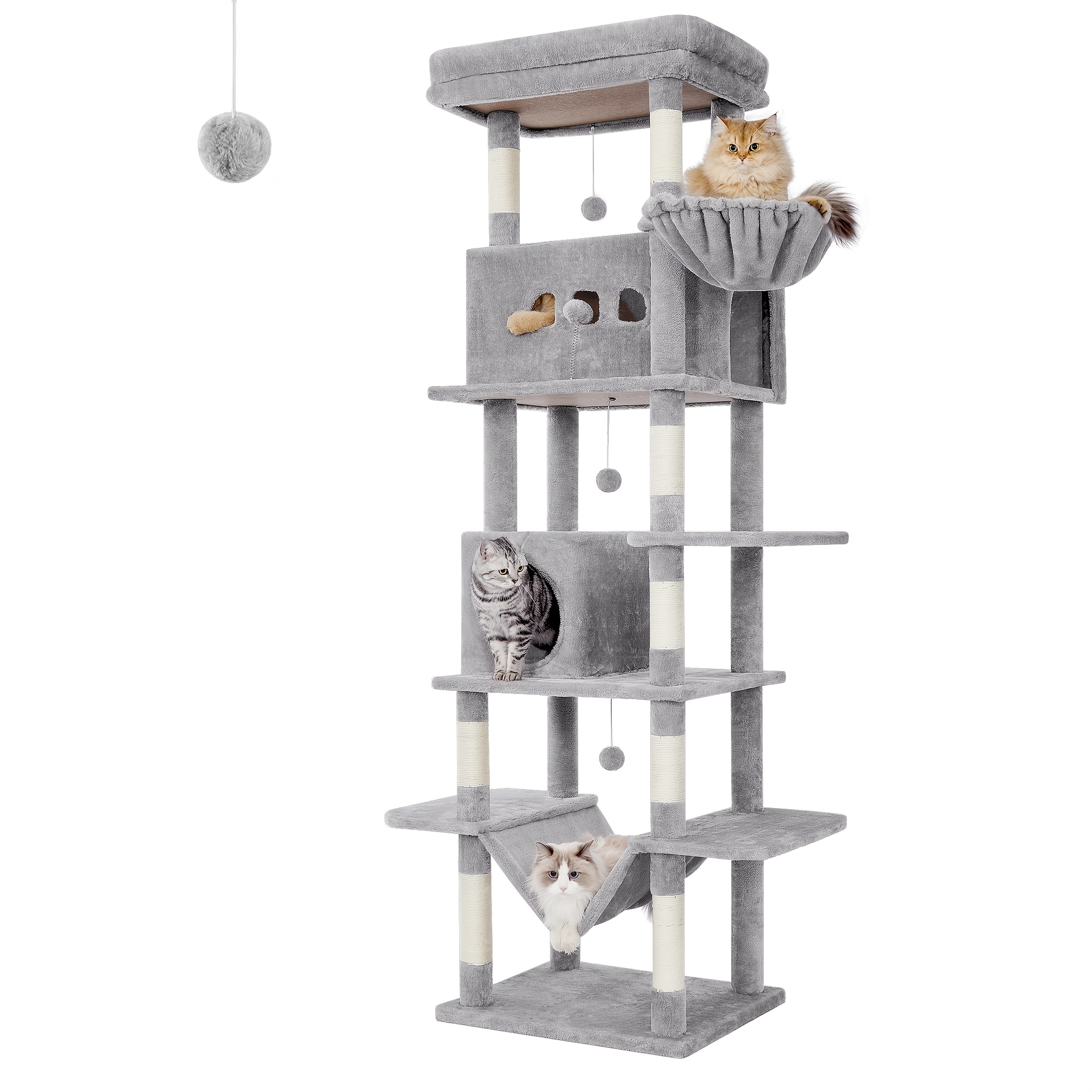 Large Scratching Post, 210cm Cat Tree, With 8 Scratching Posts, Perch, 2 Caves, Washable Mat, Hammock, Plush Balls, Multi-story Cat Scratching Post For Large Cats, Light Gray, Dark Gray