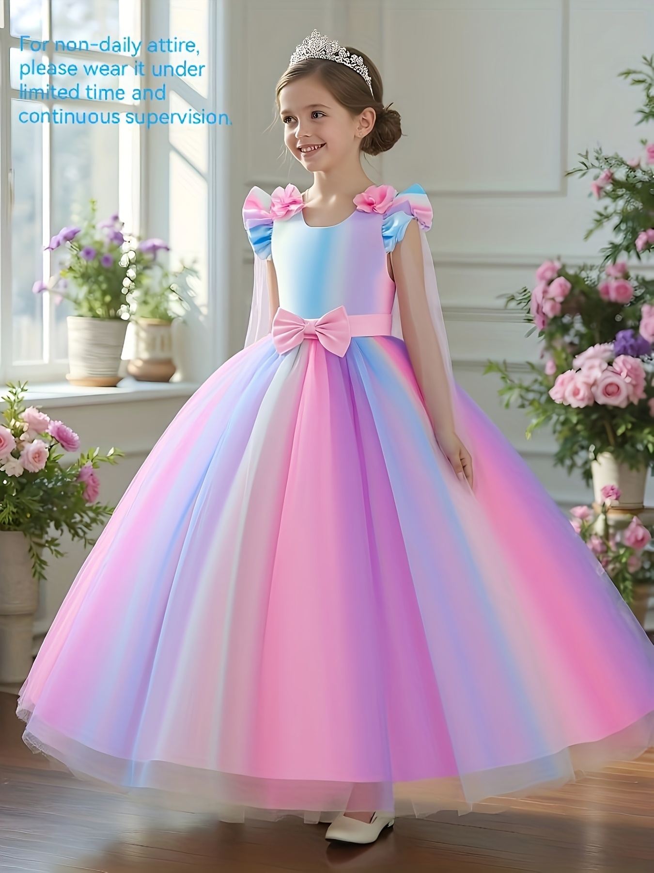 open lace back dress Little Girl Dress Girl Pageant Formal Flower Girl Dress Bead Puffy Princess Dress, Blue / 7-8 Years (140cm) main image 0