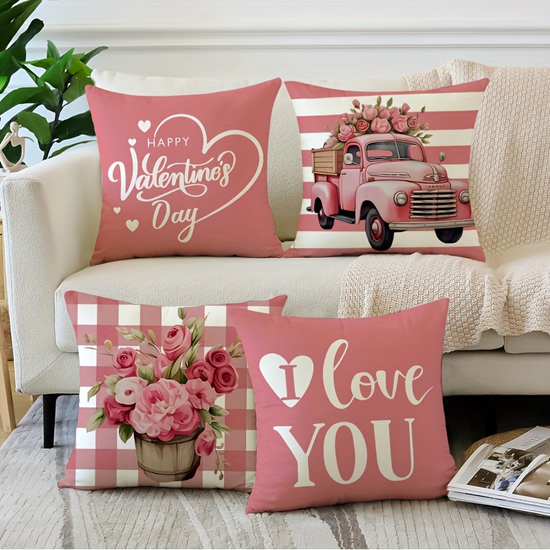 

4-pack Rustic Country Style Valentine's Day Throw Pillow Covers, 18x18 Inch, Red Heart & Love Themed, Machine Washable, Zippered Polyester Cushion Cases For Home & Sofa Decor